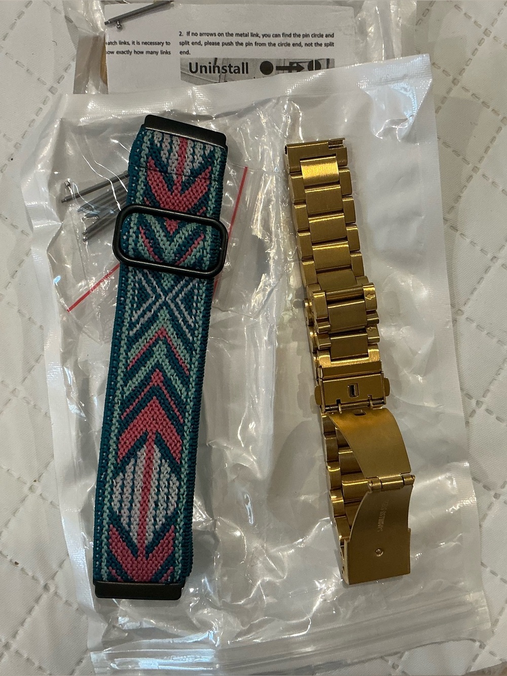 New Versa 2 Interchangeable Watch Bands - Teal Pink Pattern & Gold Metal.